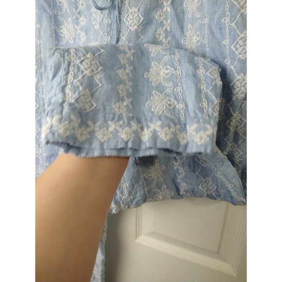 Loft 100 Linen Blue White Embroidery Elastic Waist Pants. Size M - Picture 6 of 12